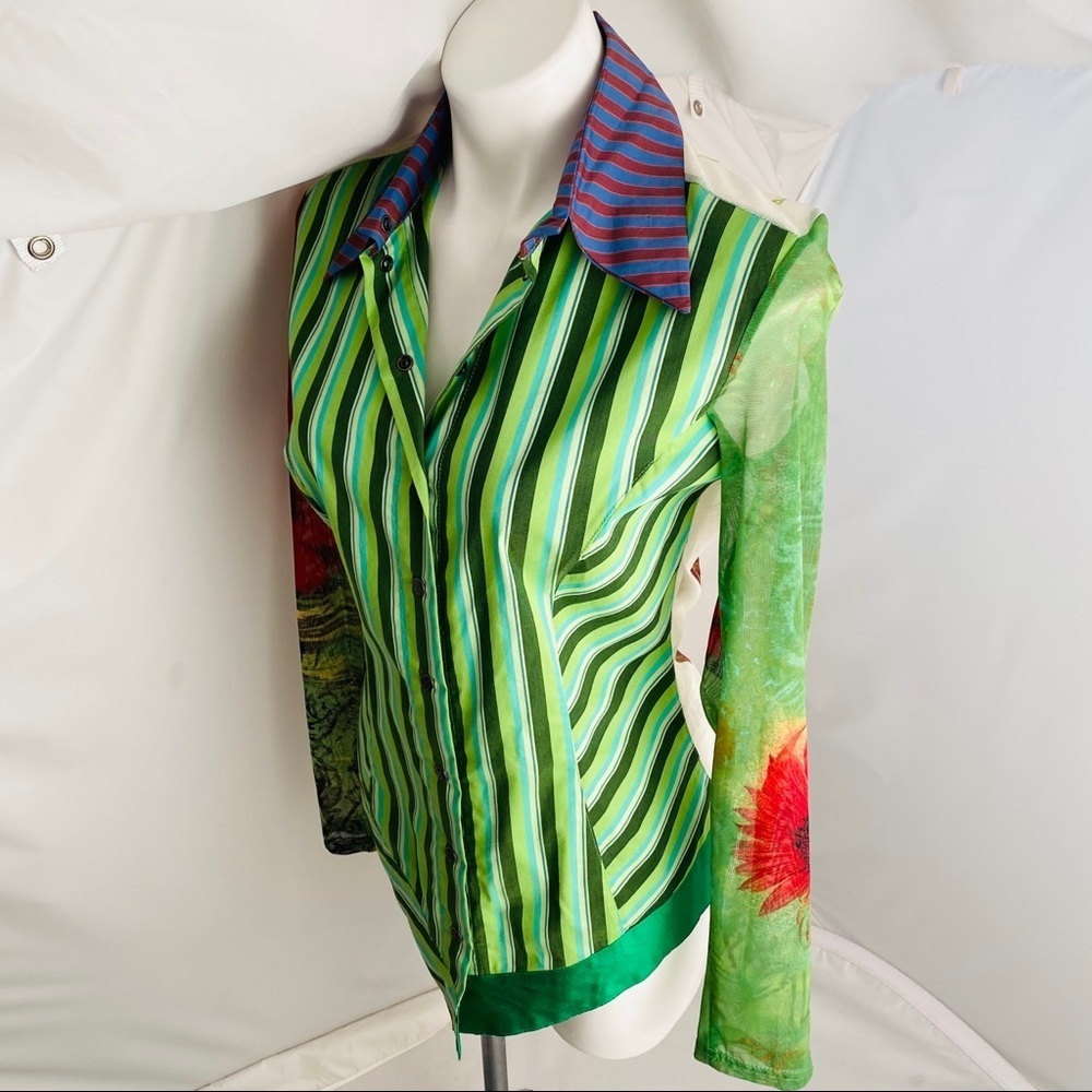 Save the Queen green multicolor stripe snap shirt S - Picture 4 of 14